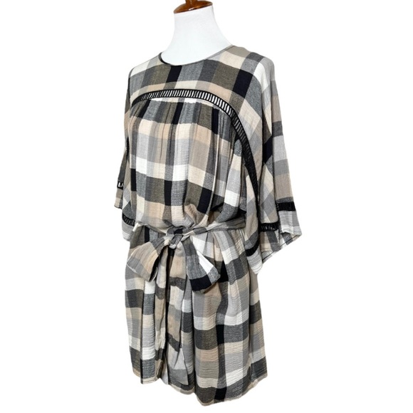 Anthropologie Black Cream Plaid Check Draped Tie Waist Belted Kimono ShirtDress - Picture 6 of 16